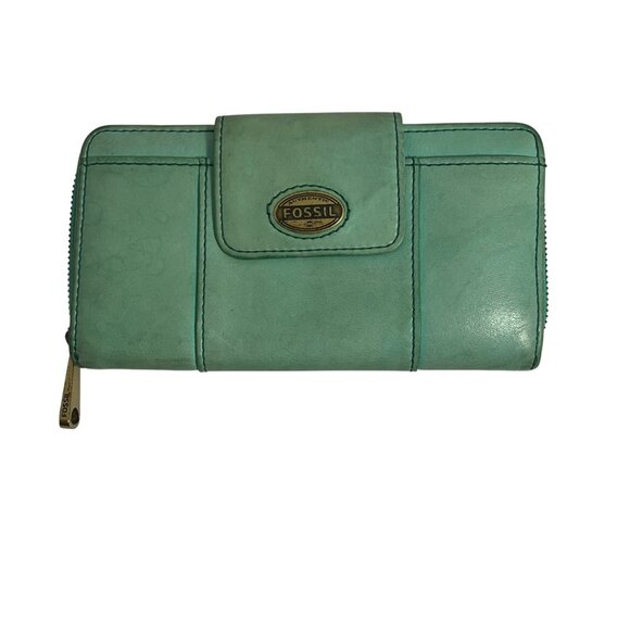 Fossil Explorer Womens Teal Leather Bifold Wallet Zip-Around Clutch Snap Flap - Picture 1 of 9